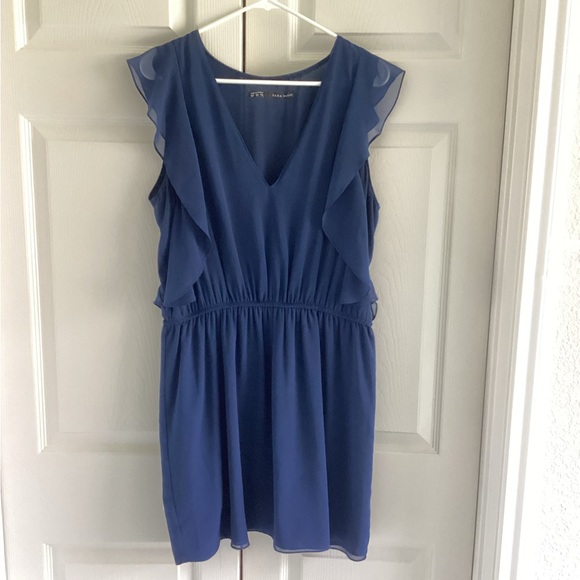 ZARA Navy Blue Ruffle V-Neck Dress - Picture 1 of 5